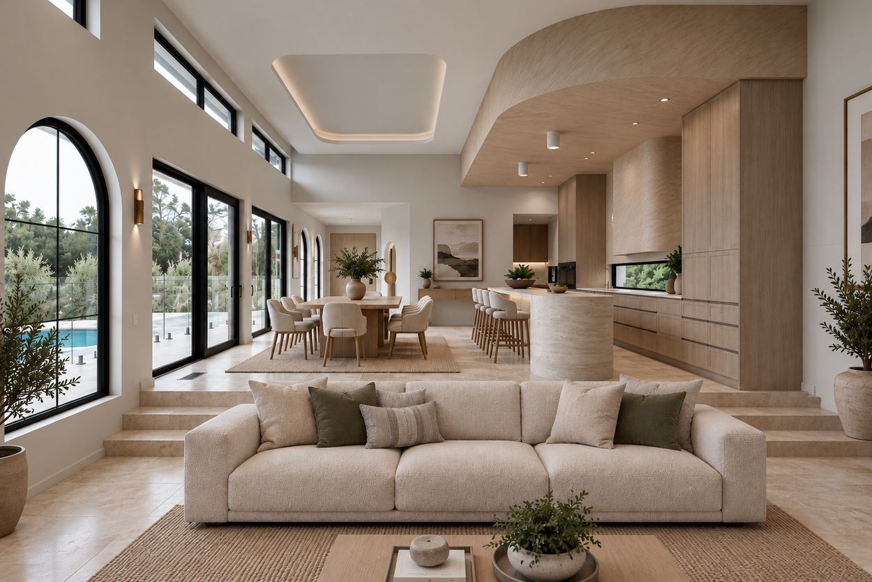 Sunken lounge, dining and kitchen with black-framed arched windows, sliding doors and highlight windows looking out to the pool