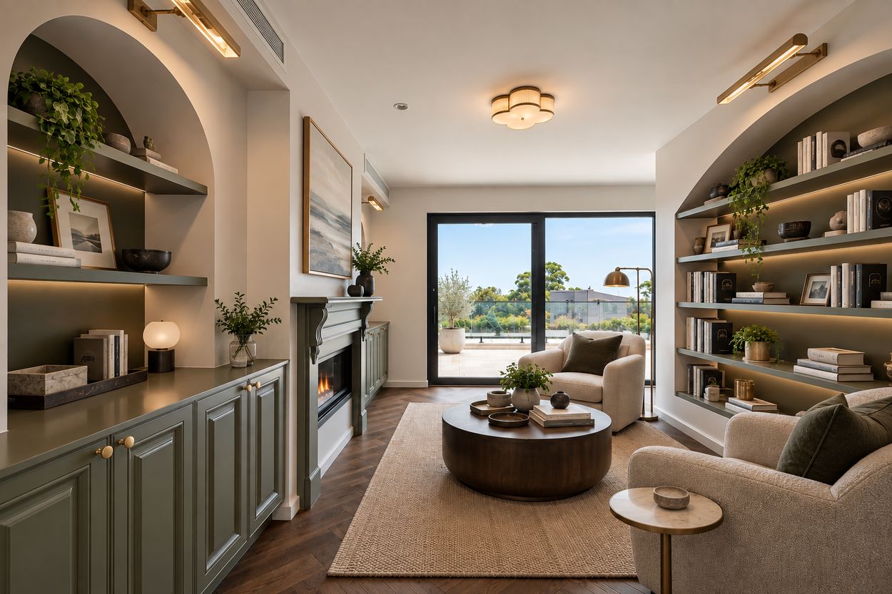 Lounge with arched shelving and a fireplace, opening through a black sliding door to the terrace