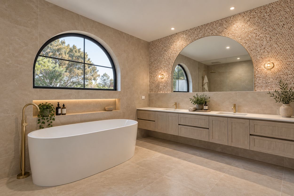 Bathroom with a freestanding bath beneath a black-framed arched window