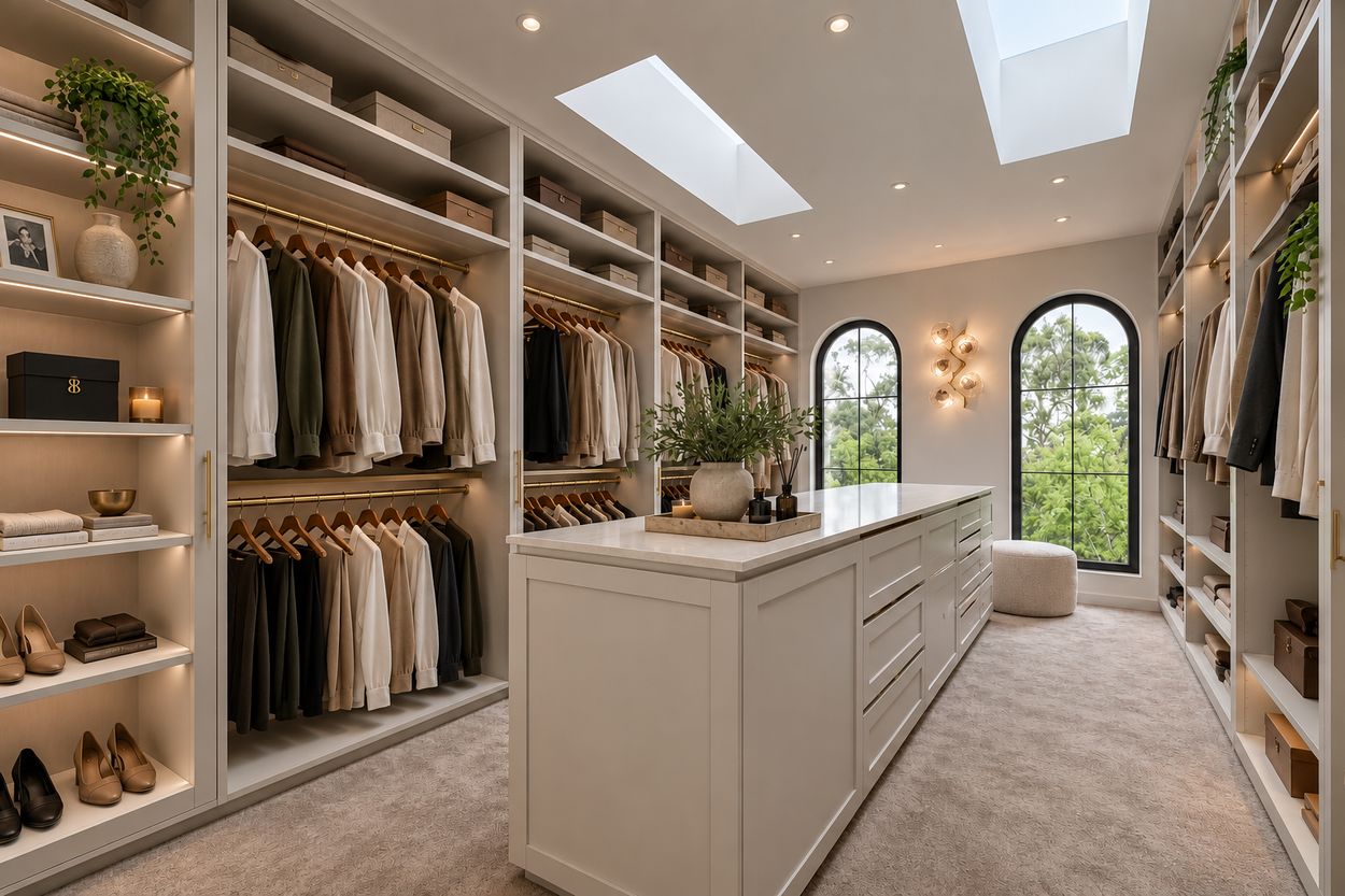 Walk-in wardrobe lit by two tall black-framed arched windows and skylights