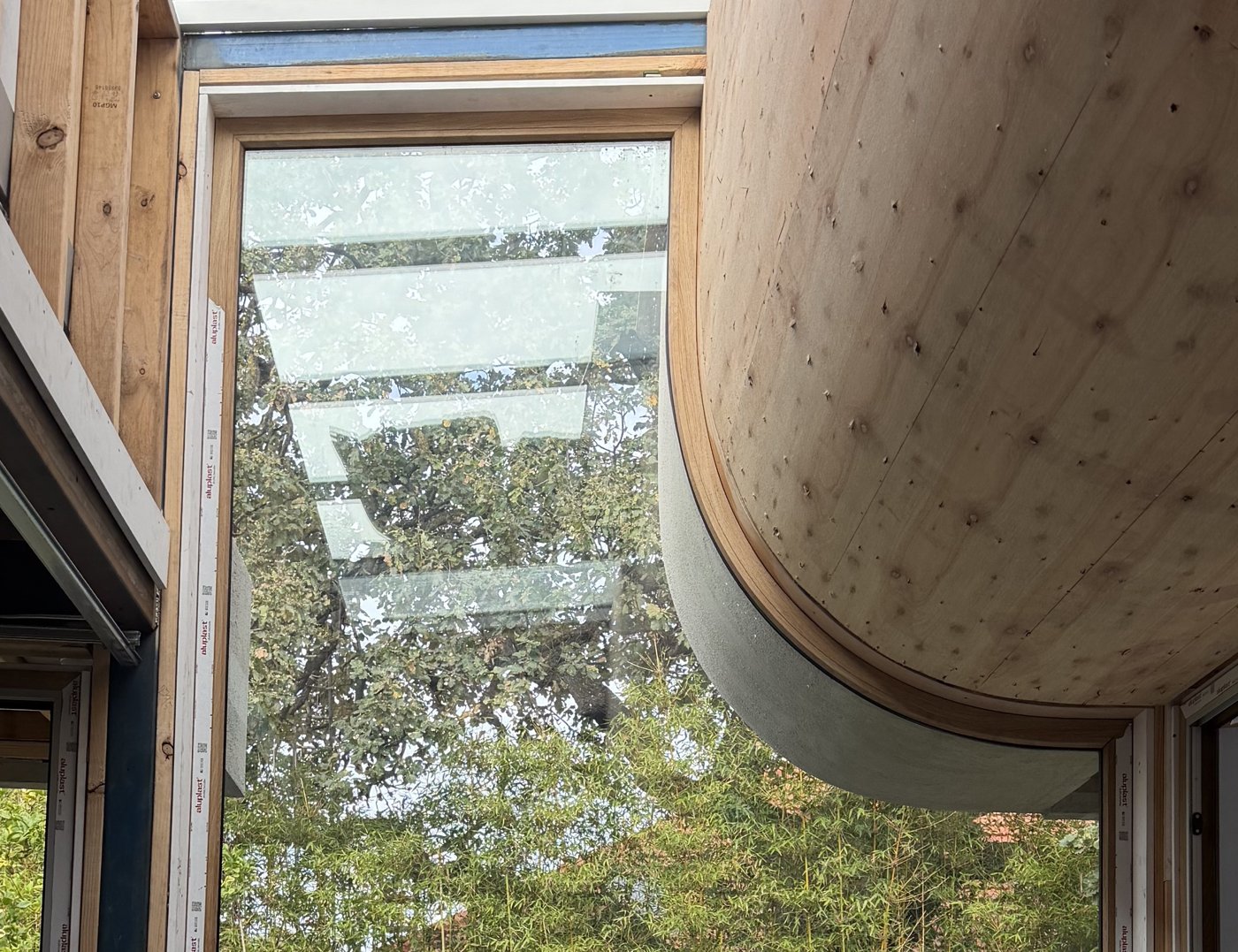 Tall aluplast uPVC window whose frame follows a curved timber ceiling bulkhead, looking out to trees and bamboo
