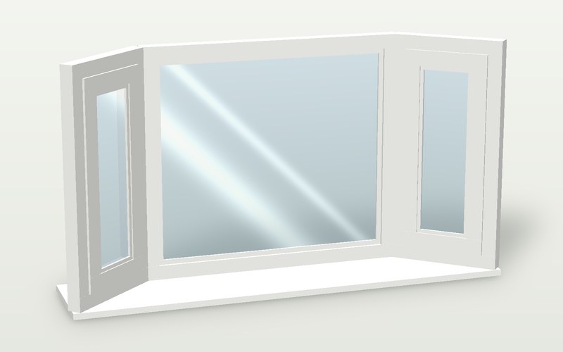 Illustration of a uPVC bay window with a fixed centre pane and opening side windows