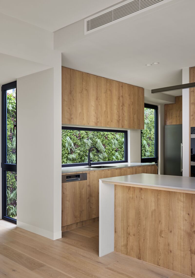 Kitchen with a long window above the sink and tall windows either side, all looking onto a green wall